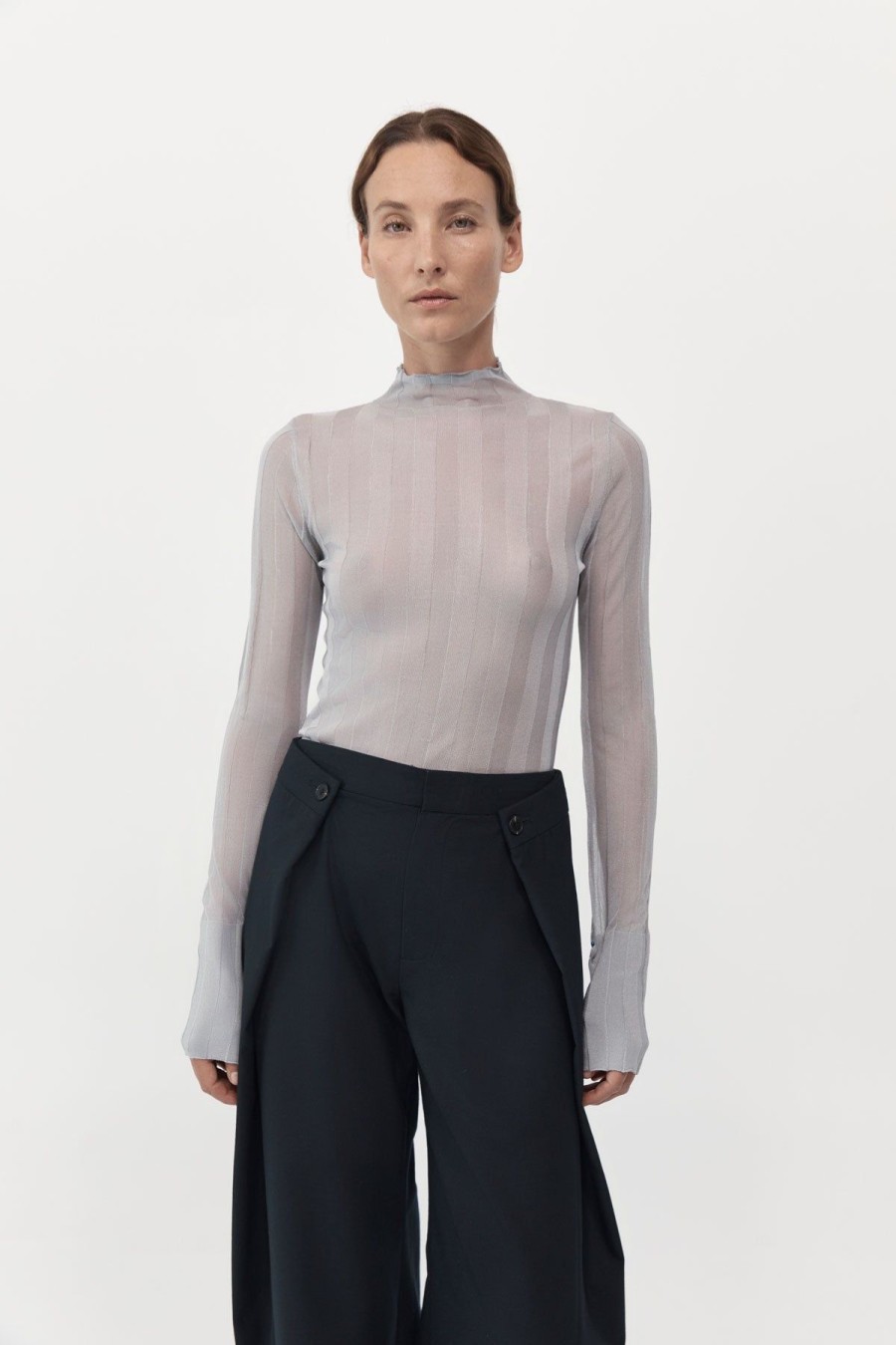 ST. AGNI Fine Pleat Long Sleeve Top - Silver | Knitwear