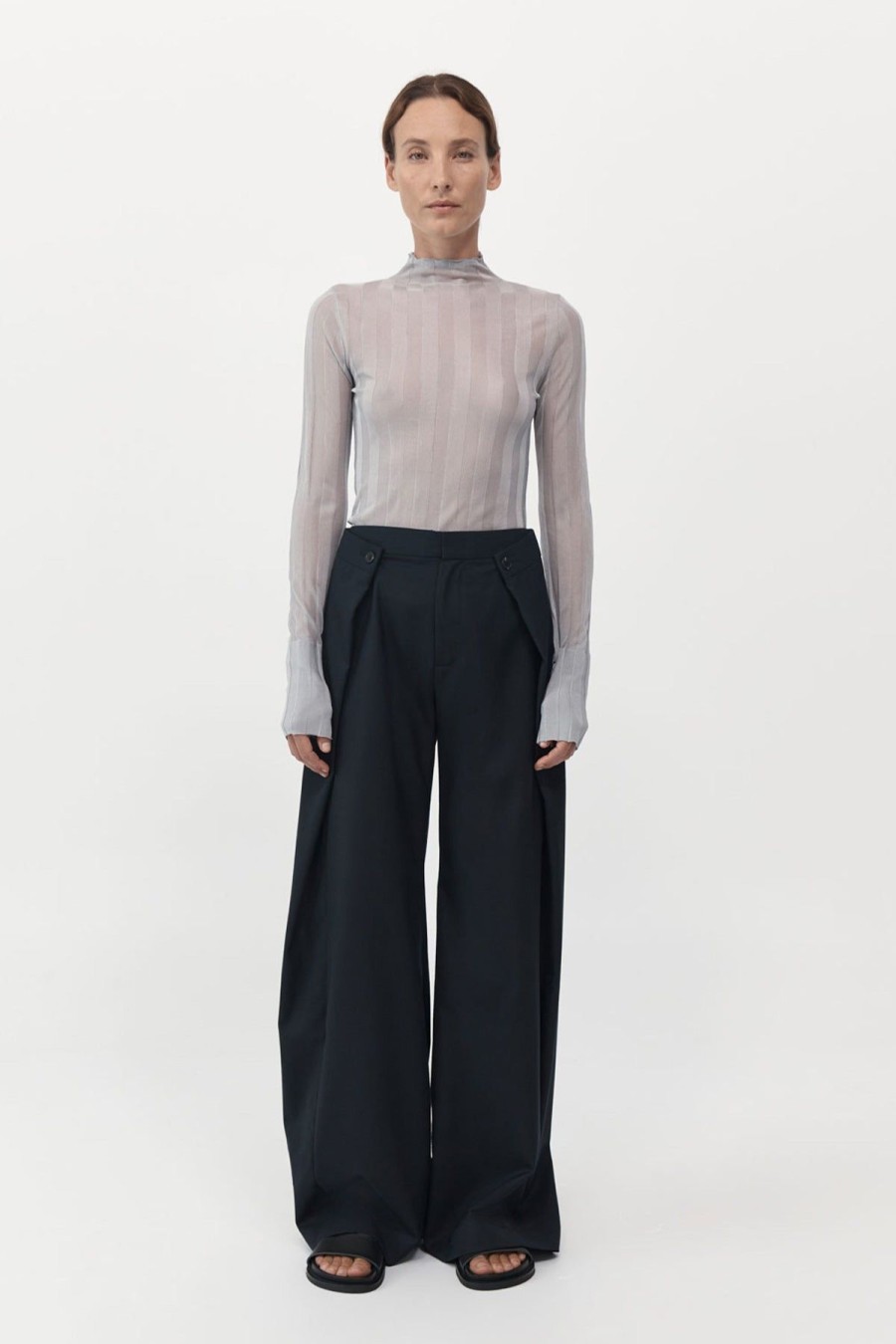 ST. AGNI Fine Pleat Long Sleeve Top - Silver | Knitwear