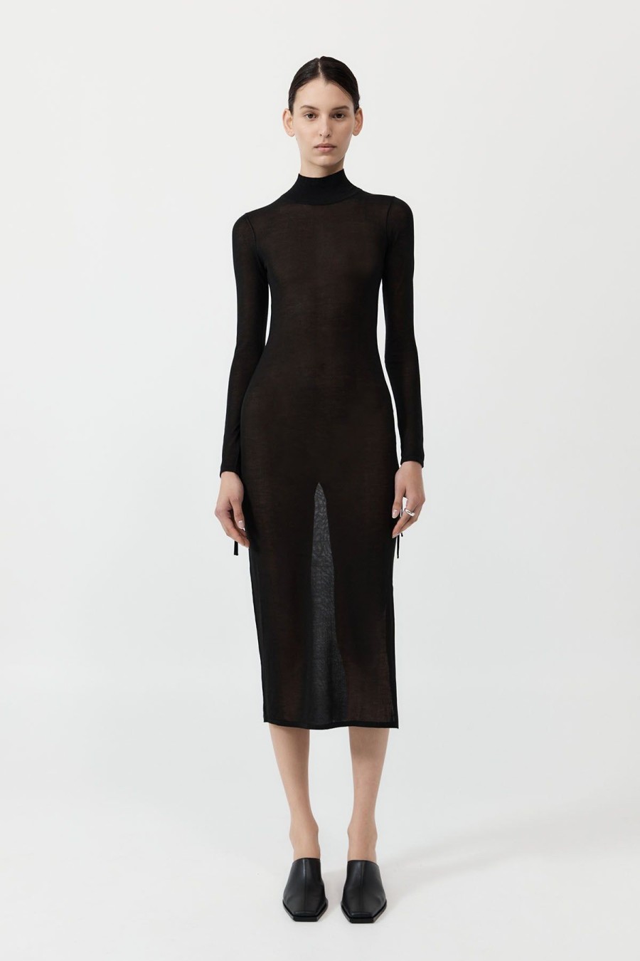 ST. AGNI Sheer Ruched Dress - Black | Dresses