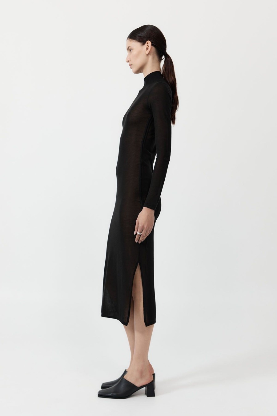 ST. AGNI Sheer Ruched Dress - Black | Dresses