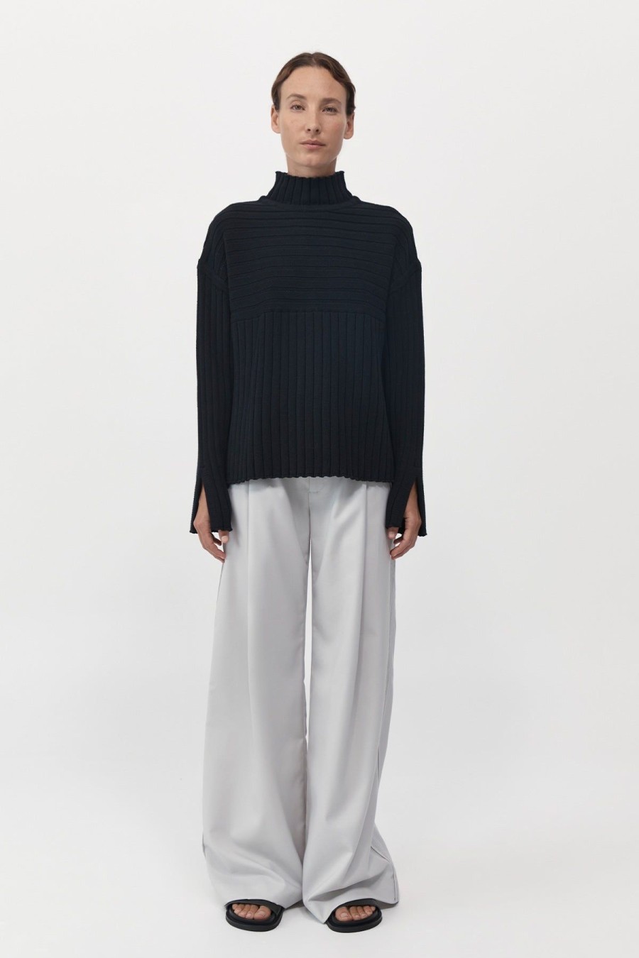 ST. AGNI Mock Neck Rib Knit Jumper - Black | Knitwear