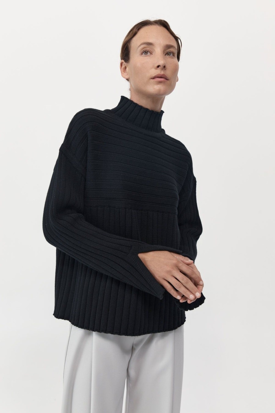 ST. AGNI Mock Neck Rib Knit Jumper - Black | Knitwear