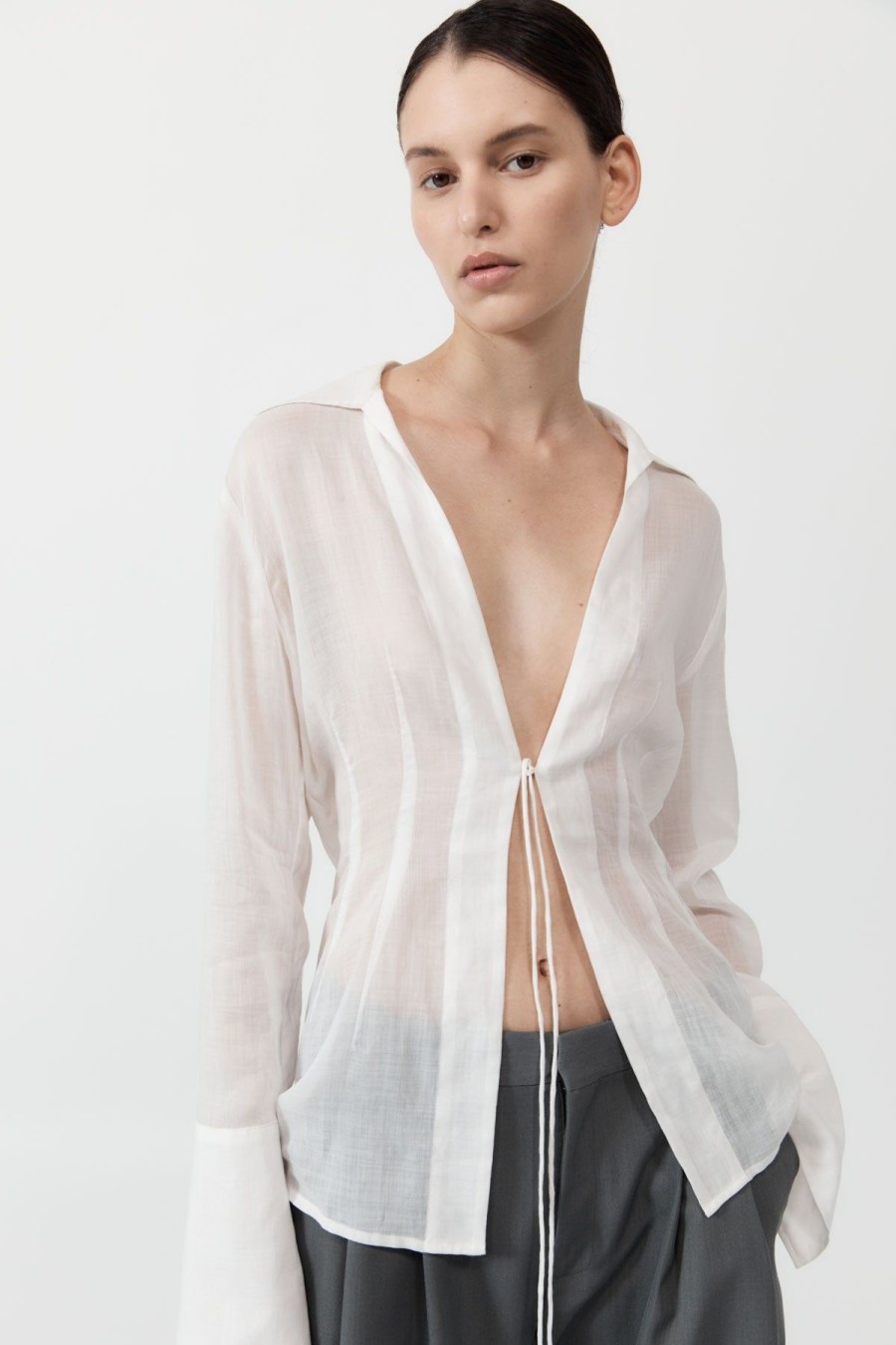 ST. AGNI Sheer Linen Tie Top - White | Shirts