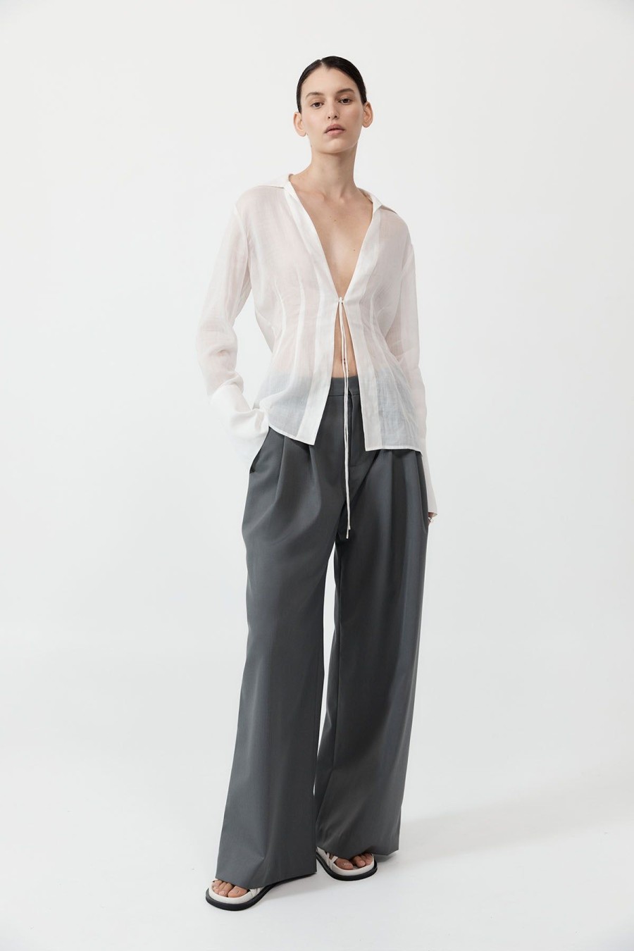 ST. AGNI Sheer Linen Tie Top - White | Shirts