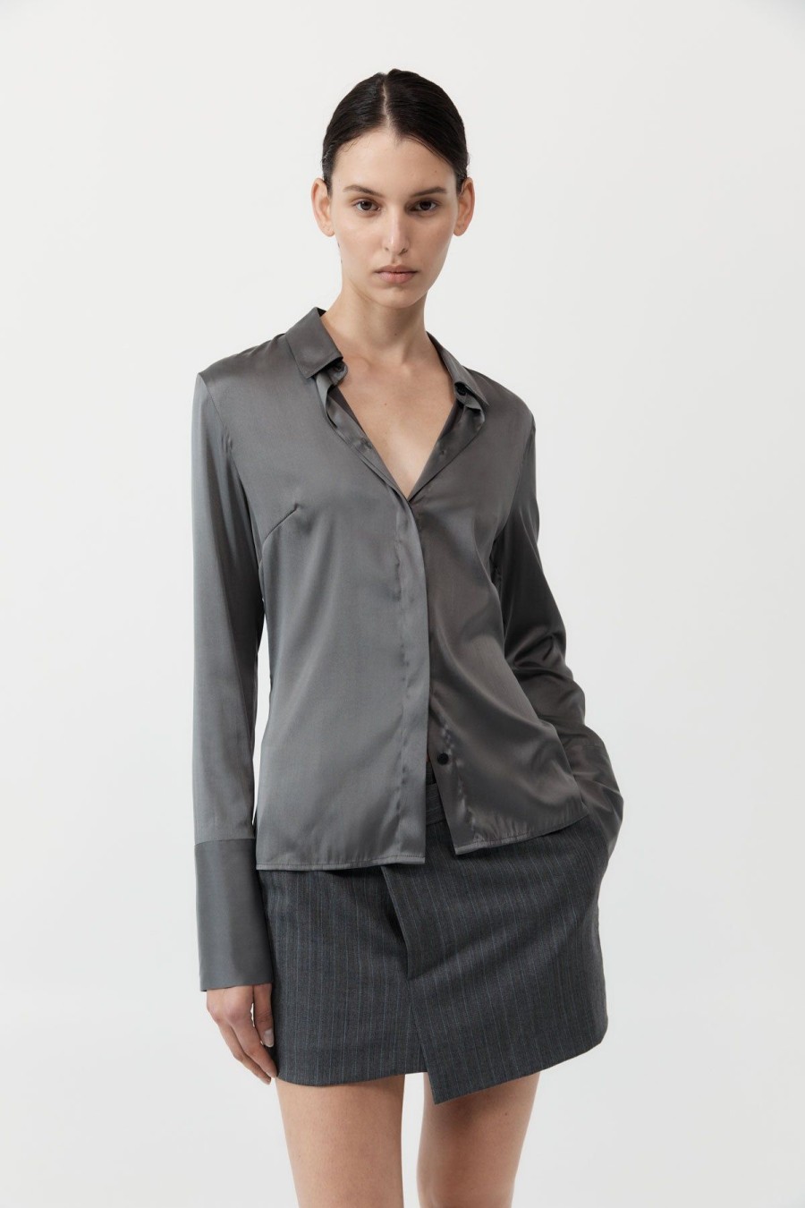 ST. AGNI Soft Silk Shirt - Pewter Grey | Tops