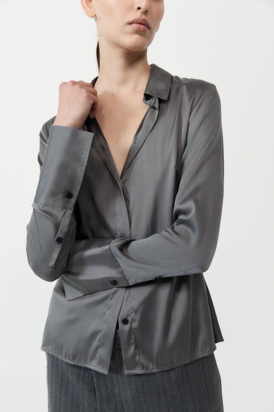 ST. AGNI Soft Silk Shirt - Pewter Grey | Tops