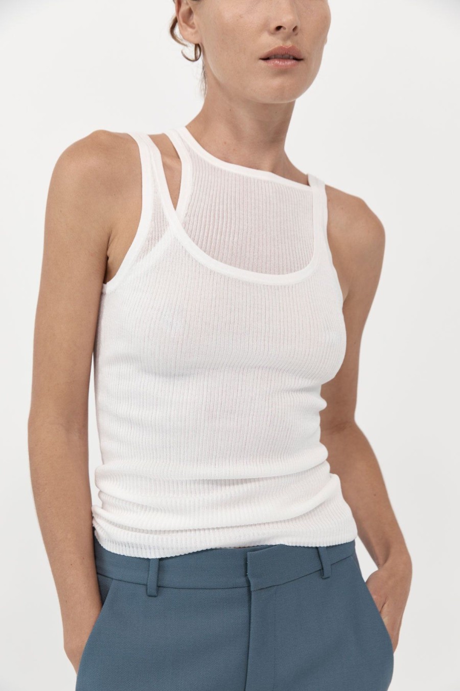 ST. AGNI Double Layer Knit Singlet - White | Tops