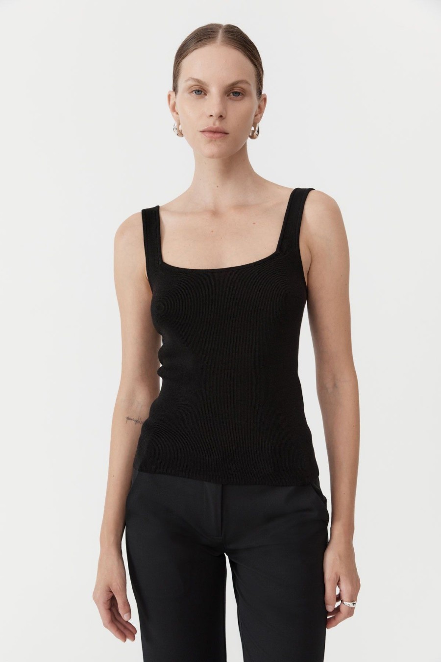 ST. AGNI Square Neck Knit Singlet - Black | Singlets