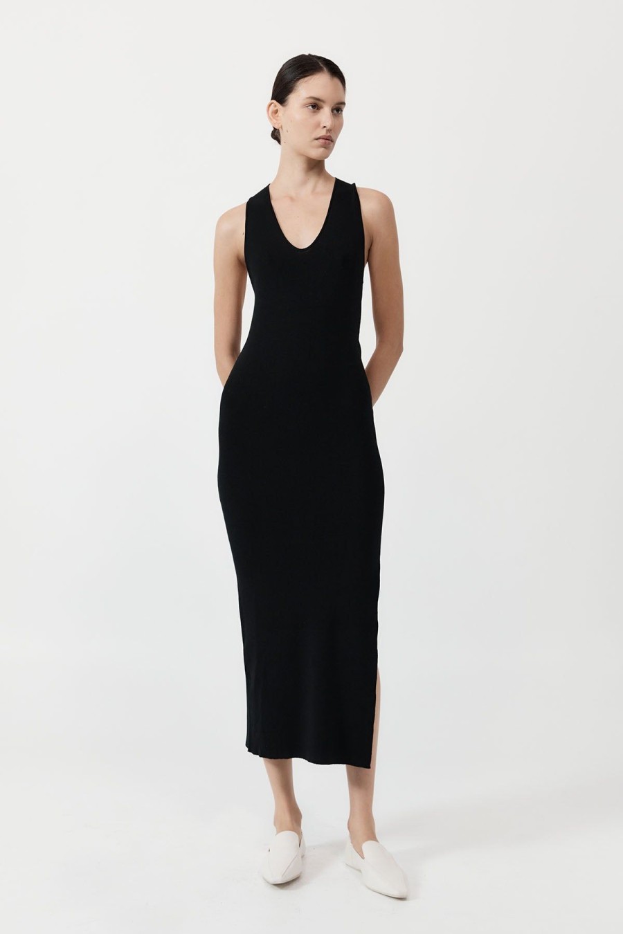 ST. AGNI Plunge Neck Knit Dress - Black | Knitwear