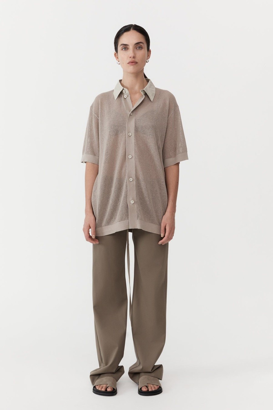 ST. AGNI Mesh Short Sleeve Shirt - Fog | Knitwear