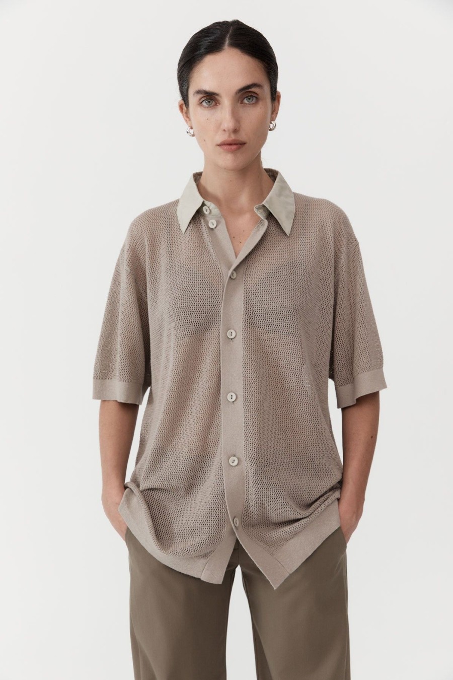 ST. AGNI Mesh Short Sleeve Shirt - Fog | Knitwear