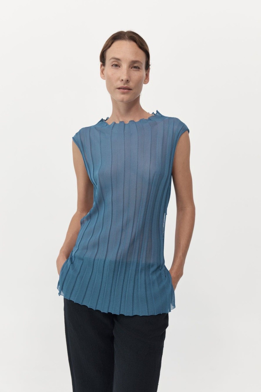 ST. AGNI Fine Pleat Knit Top - Steel Blue | Tops