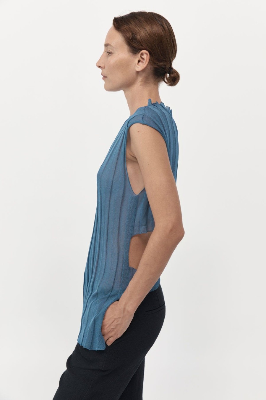 ST. AGNI Fine Pleat Knit Top - Steel Blue | Tops