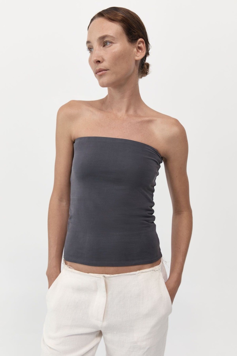 ST. AGNI Strapless Jersey Top - Graphite | Tops