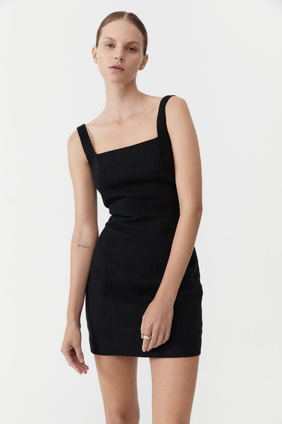 ST. AGNI Linen Square Neck Mini Dress - Black | Dresses