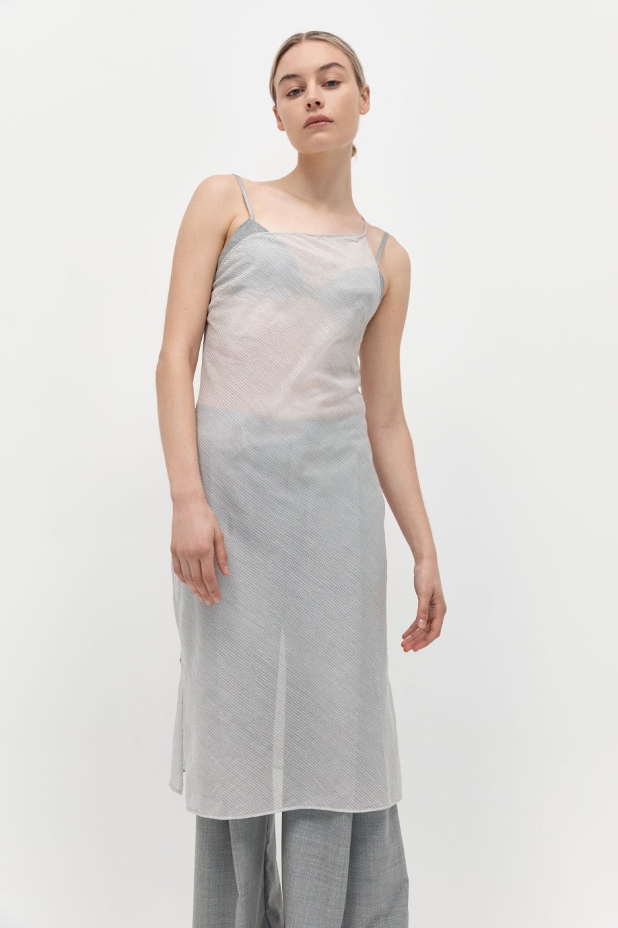 ST. AGNI Asymmetric Slip Dress - Sheer Stripe | Dresses