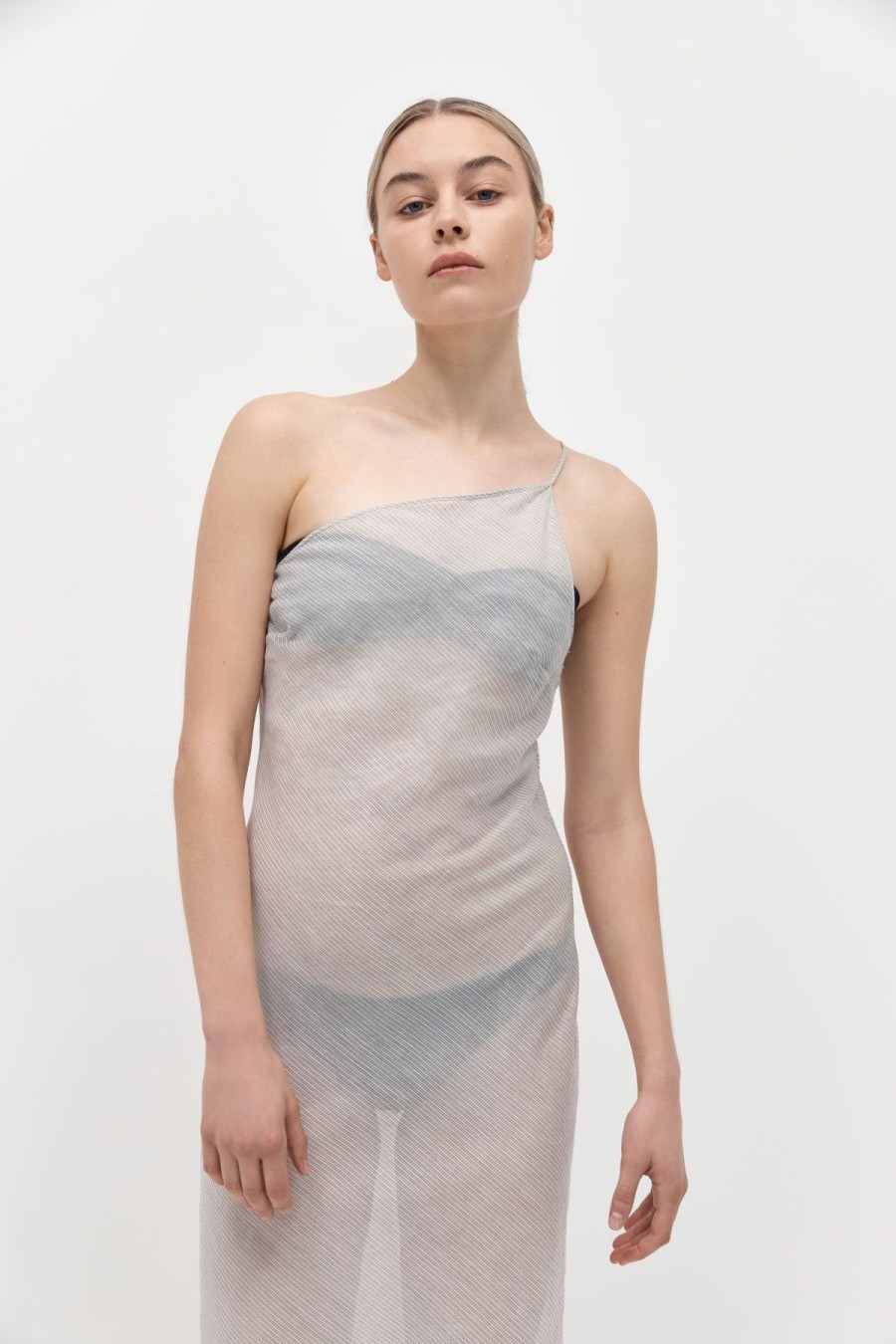 ST. AGNI Asymmetric Slip Dress - Sheer Stripe | Dresses