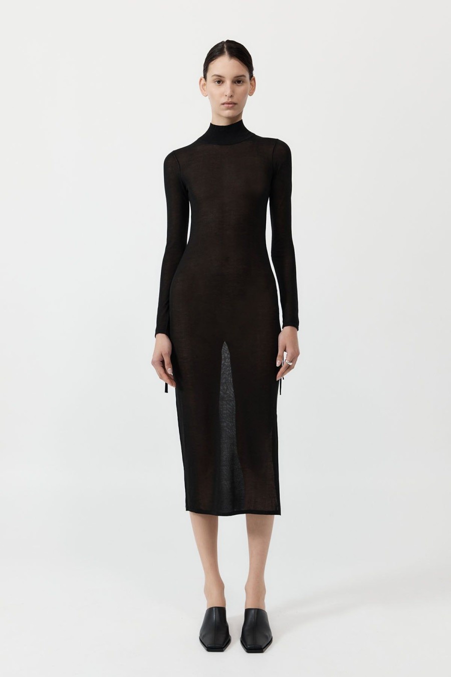 ST. AGNI Sheer Ruched Dress - Black | Knitwear