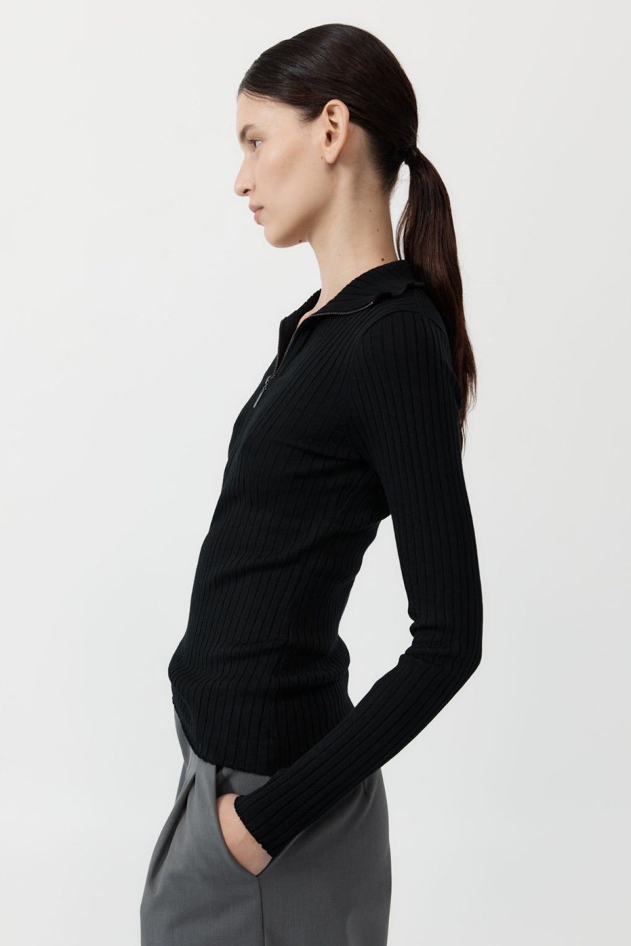 ST. AGNI Zip Front Top - Black | Jumpers