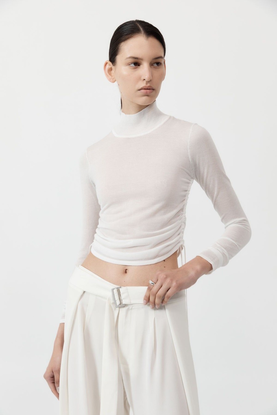 ST. AGNI Sheer Ruched Top - White | Tops