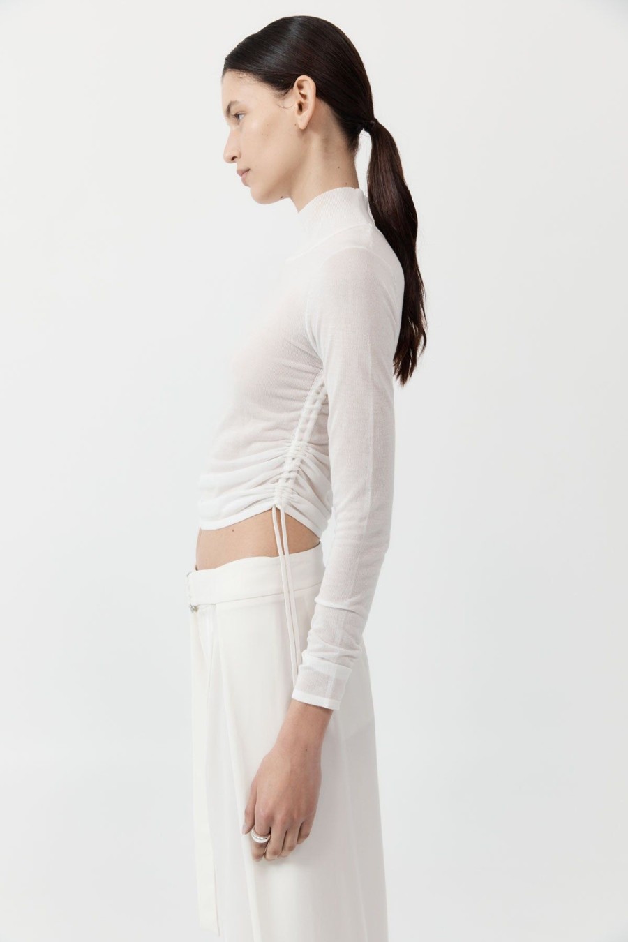 ST. AGNI Sheer Ruched Top - White | Tops