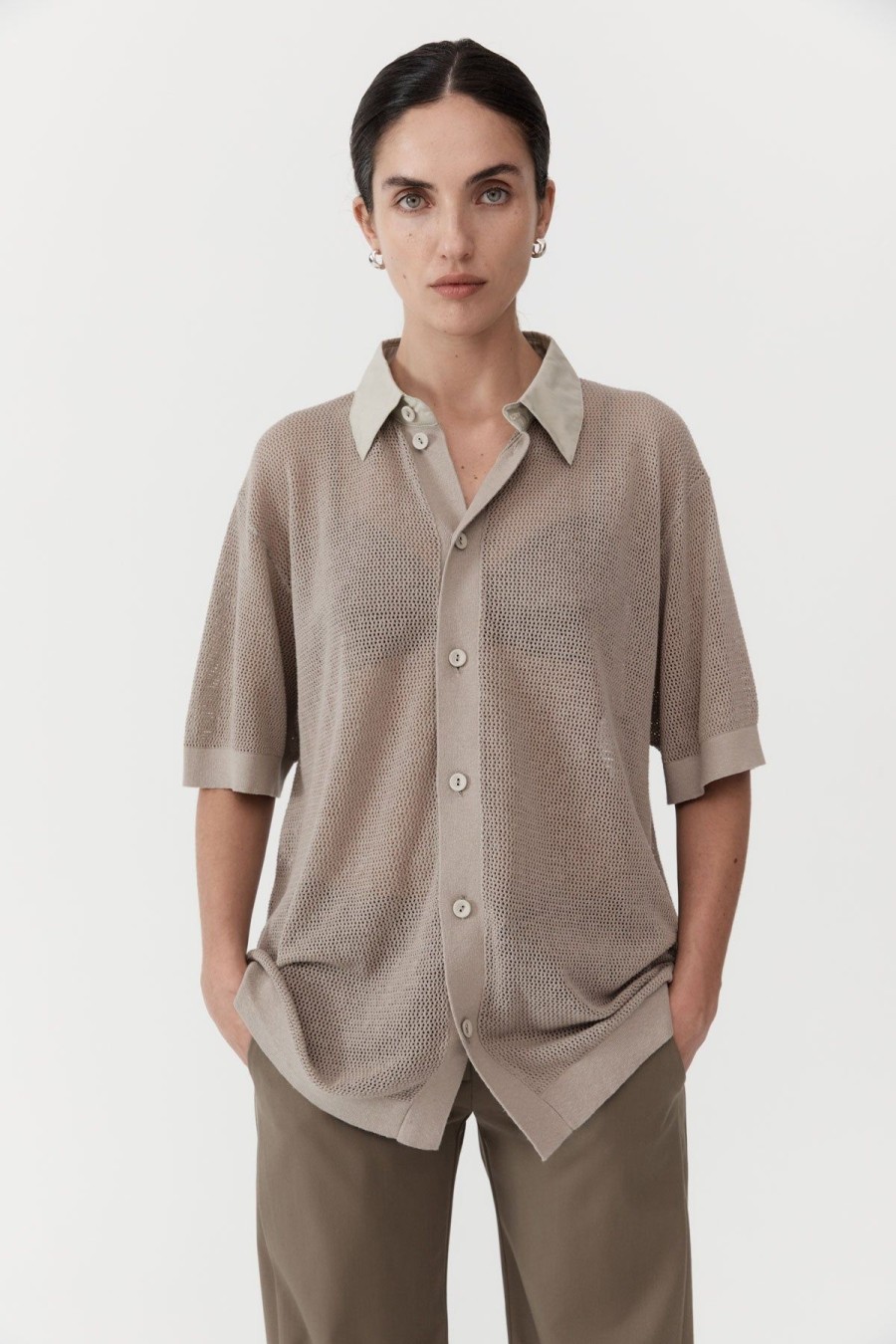 ST. AGNI Mesh Short Sleeve Shirt - Fog | Tops