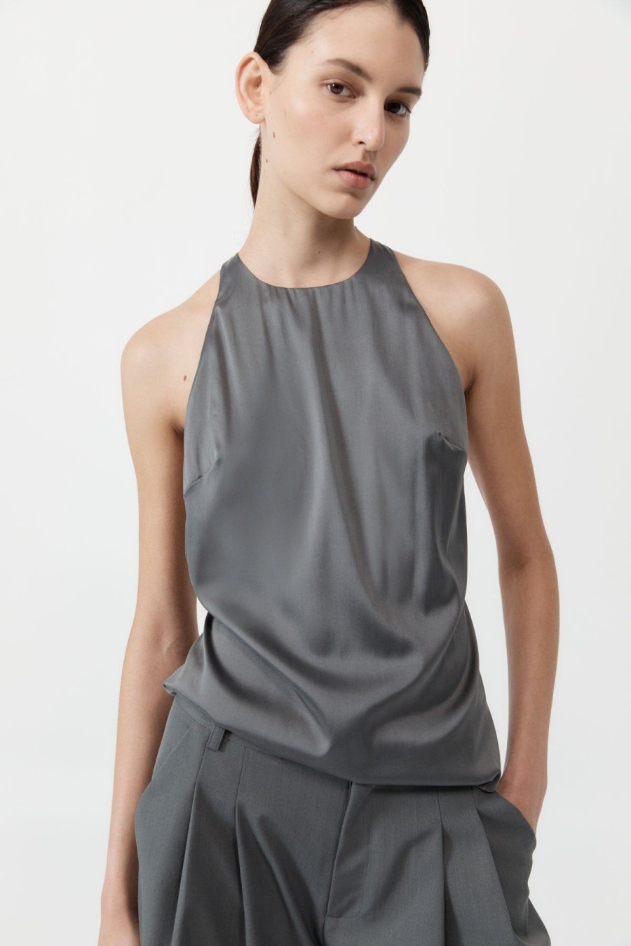 ST. AGNI Soft Silk Suspender Top - Pewter Grey | Tops