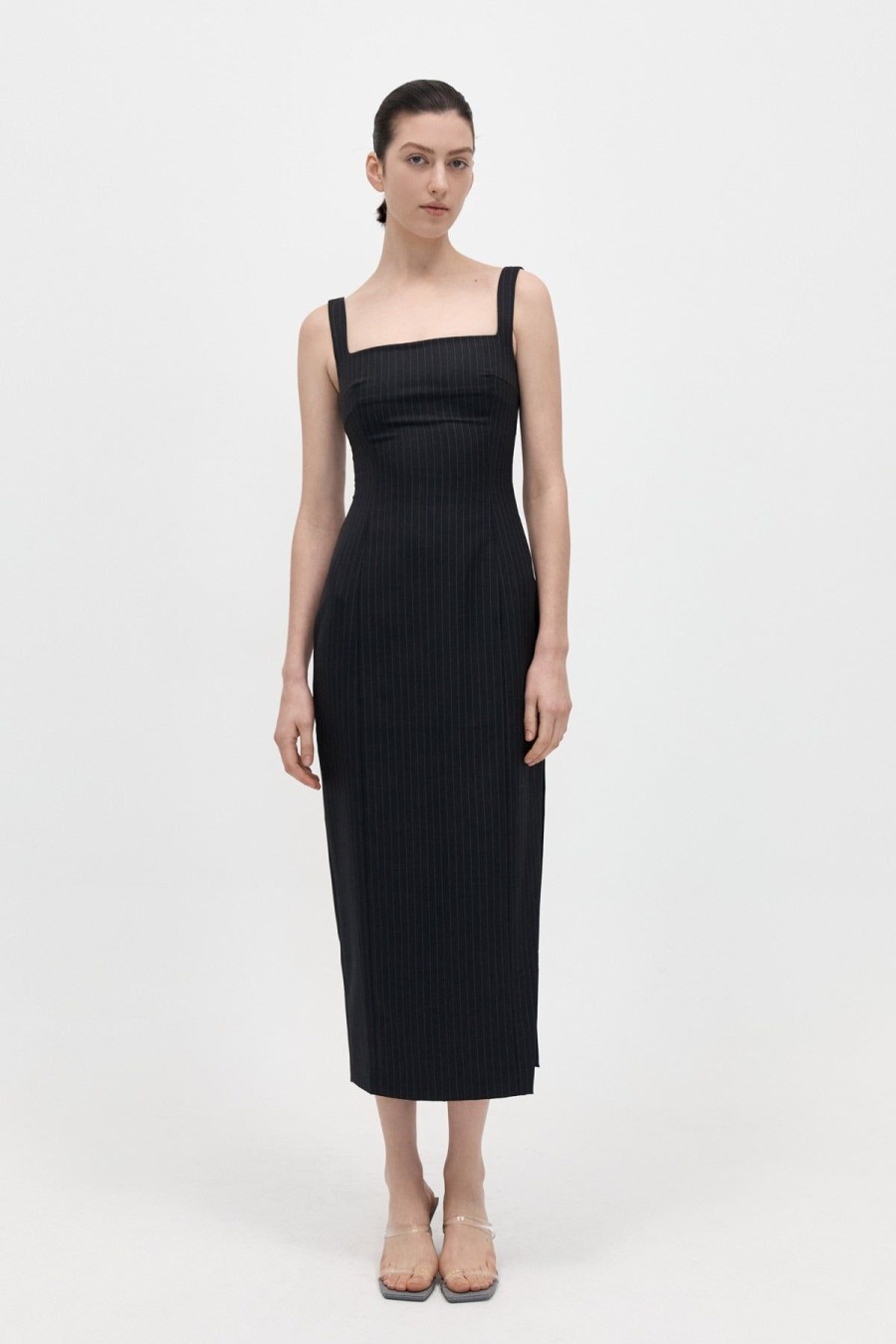 ST. AGNI Pinstripe Midi Dress - Black | Tailoring