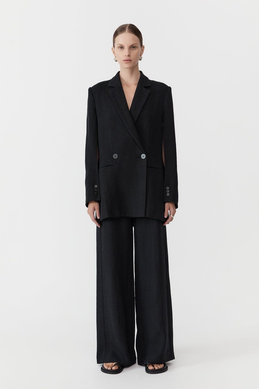 ST. AGNI Linen Split Sleeve Blazer - Black | Tailoring