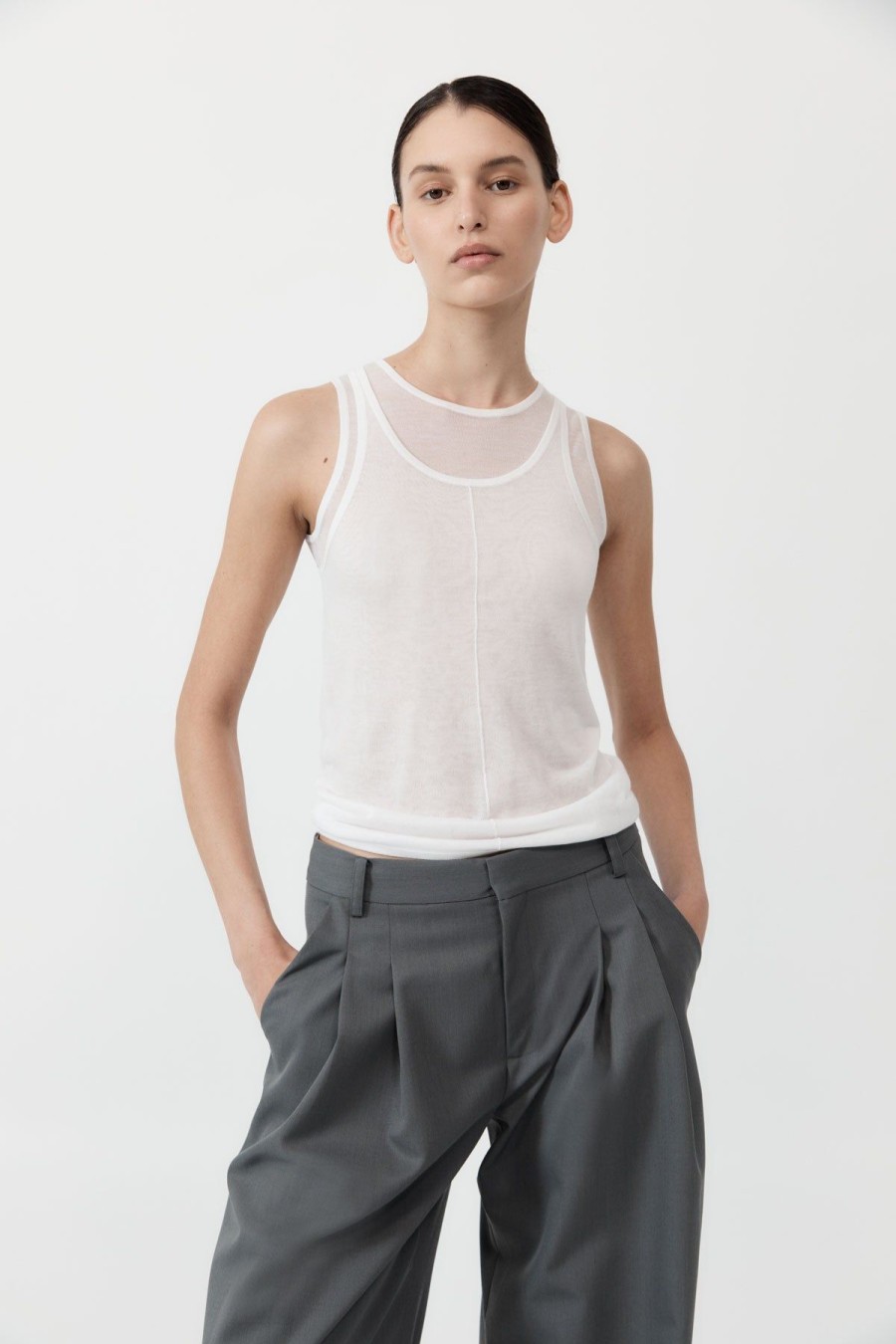 ST. AGNI Semi Sheer Double Layer Tank - White | Knitwear