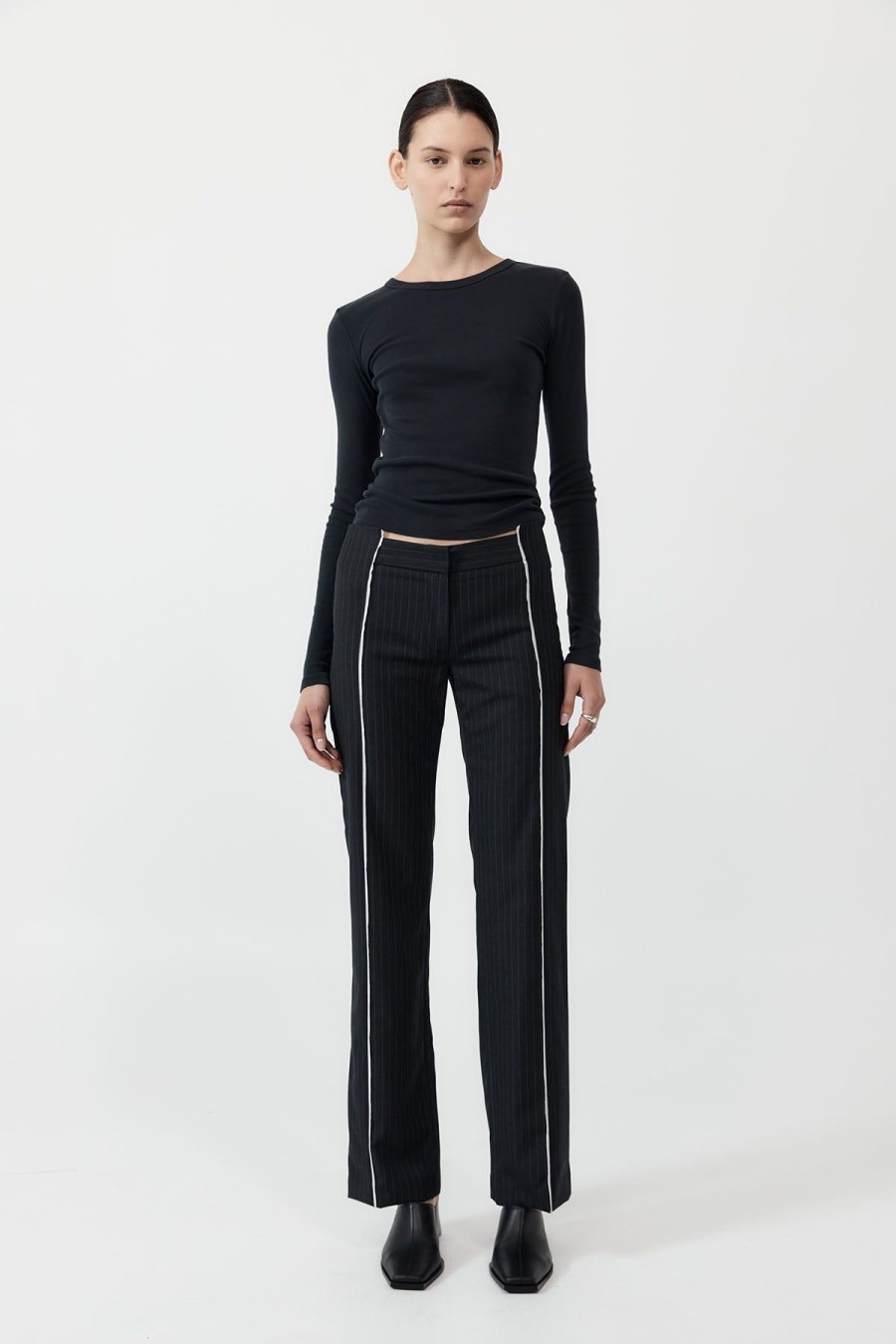 ST. AGNI Deconstructed Pinstripe Trousers - Black | Tailoring