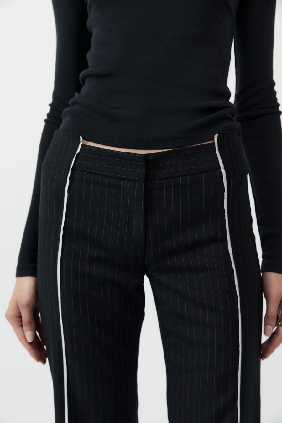 ST. AGNI Deconstructed Pinstripe Trousers - Black | Tailoring