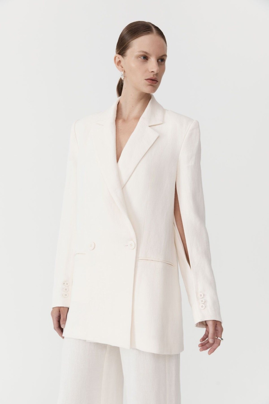 ST. AGNI Linen Split Sleeve Blazer - Ivory | Tailoring