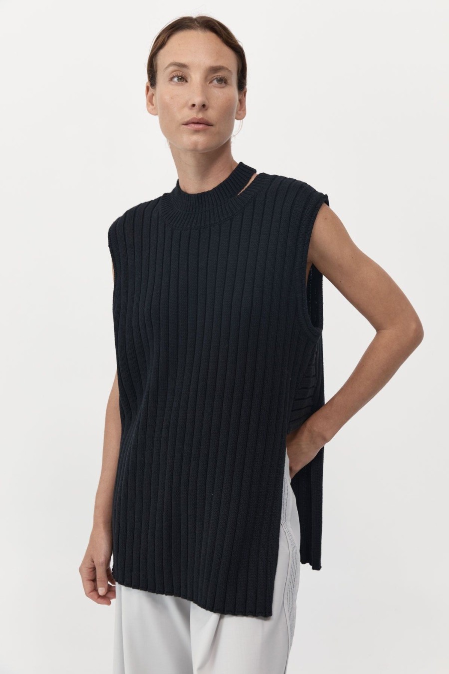 ST. AGNI Deconstructed Rib Knit Tunic - Black | Knitwear