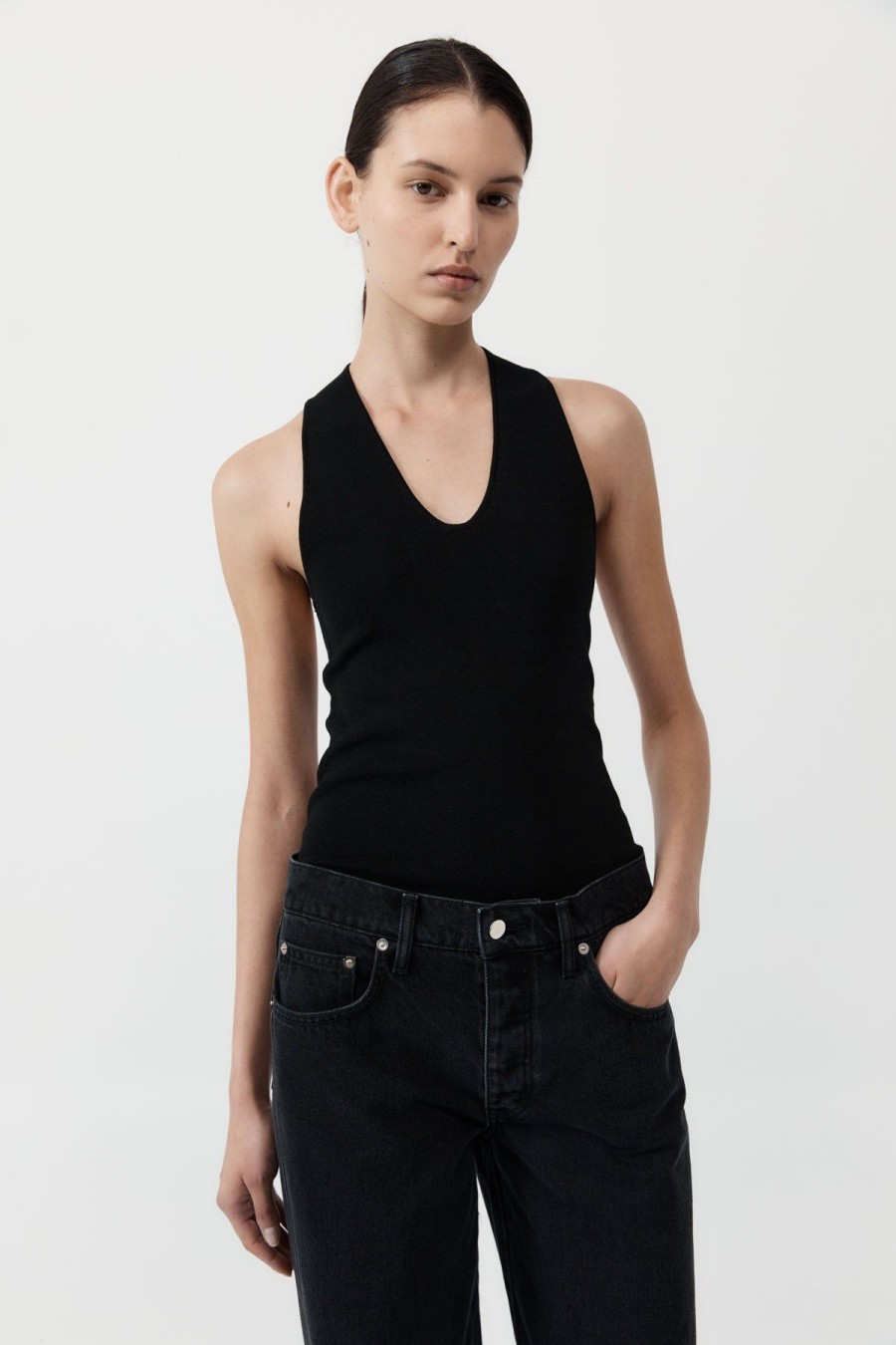 ST. AGNI Plunge Neck Knit Top - Black | Singlets