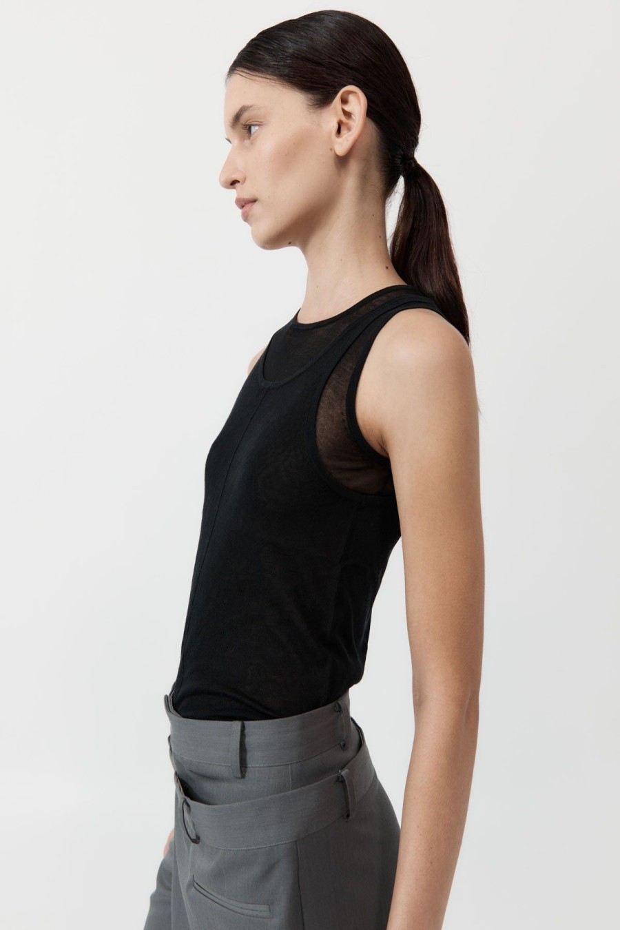 ST. AGNI Semi Sheer Double Layer Tank - Black | Singlets