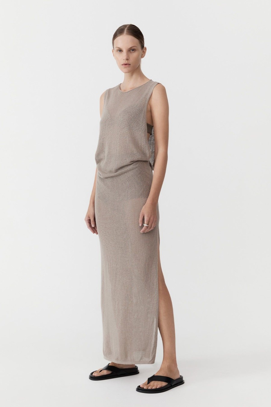 ST. AGNI Mesh Tuck Back Maxi Dress - Fog | Dresses