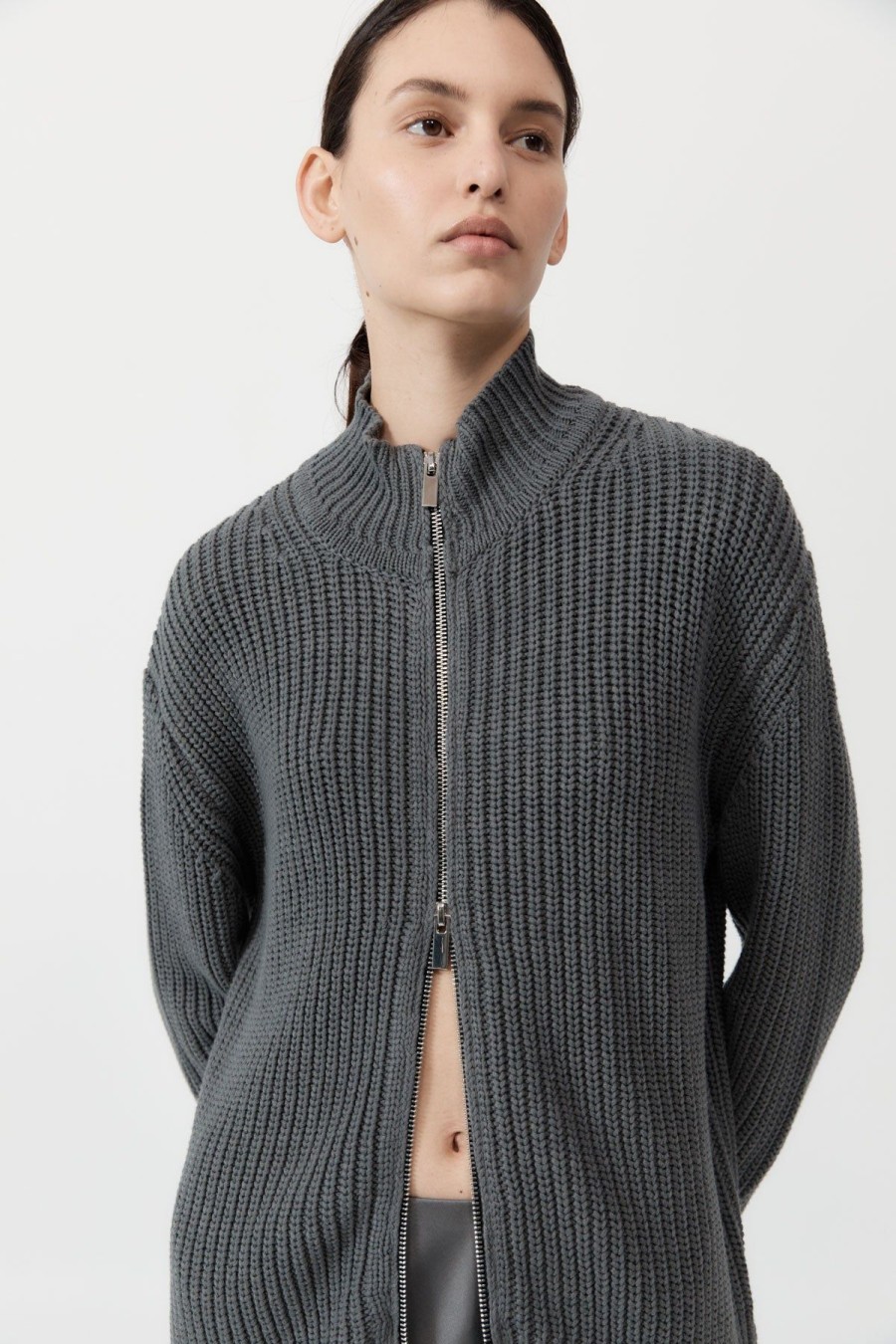 ST. AGNI Zip Detail Cardigan - Smoke | Knitwear