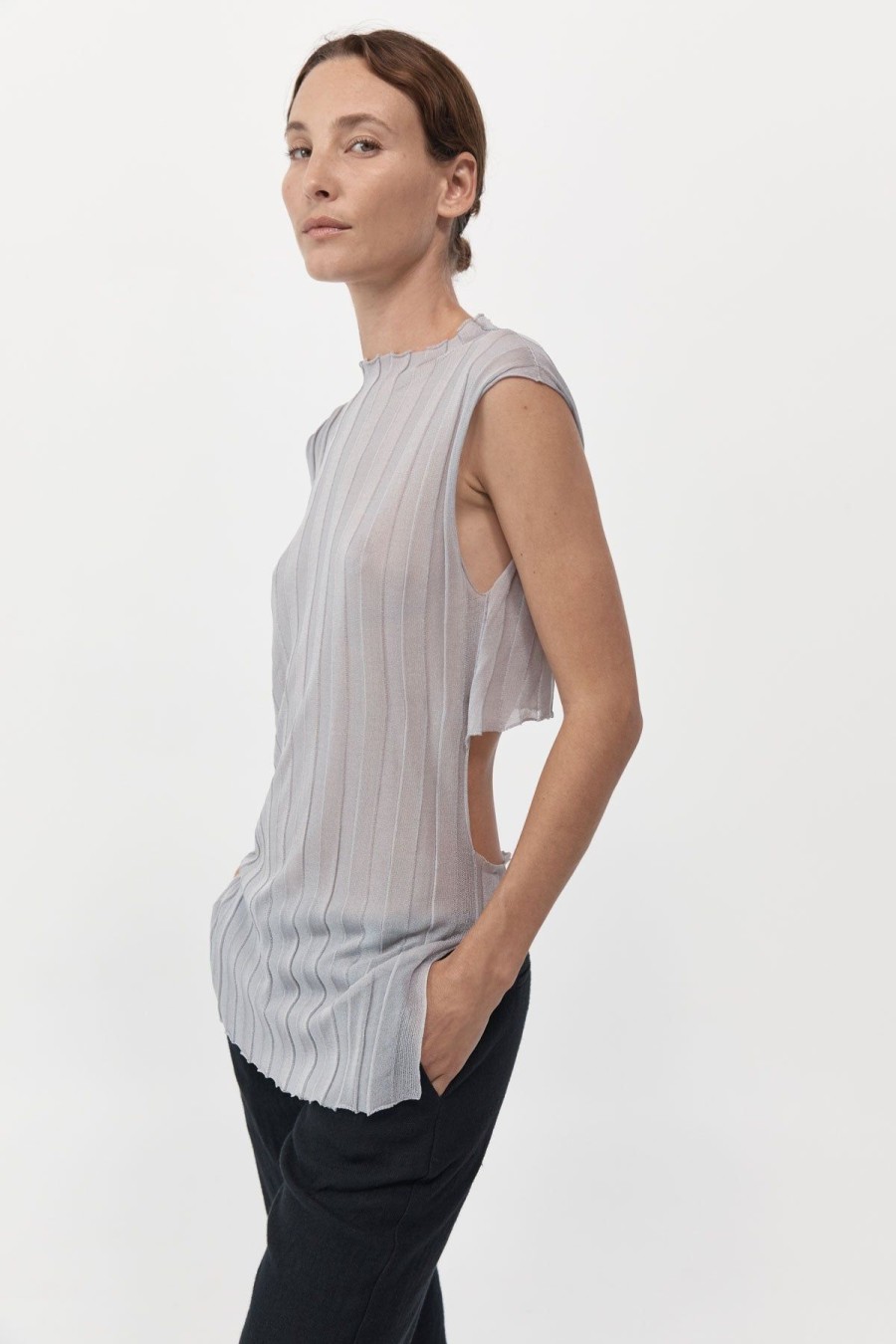 ST. AGNI Fine Pleat Knit Top - Silver | Tops