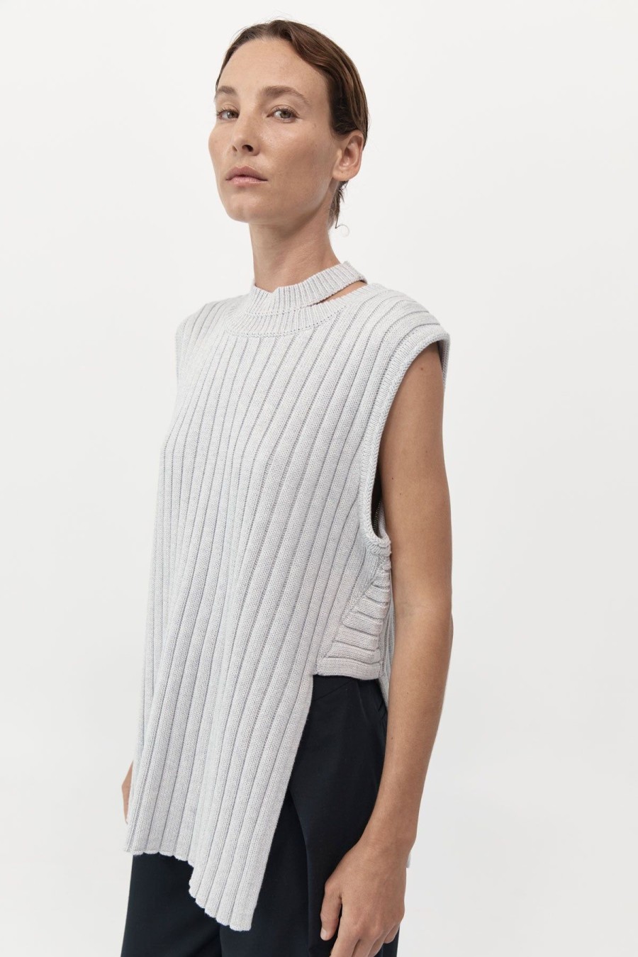 ST. AGNI Deconstructed Rib Knit Tunic - Soft Grey | Knitwear