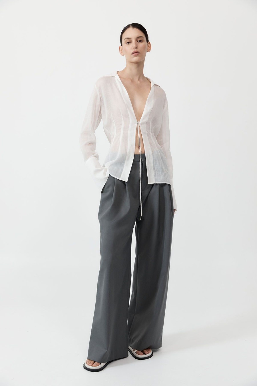 ST. AGNI Sheer Linen Tie Top - White | Tops