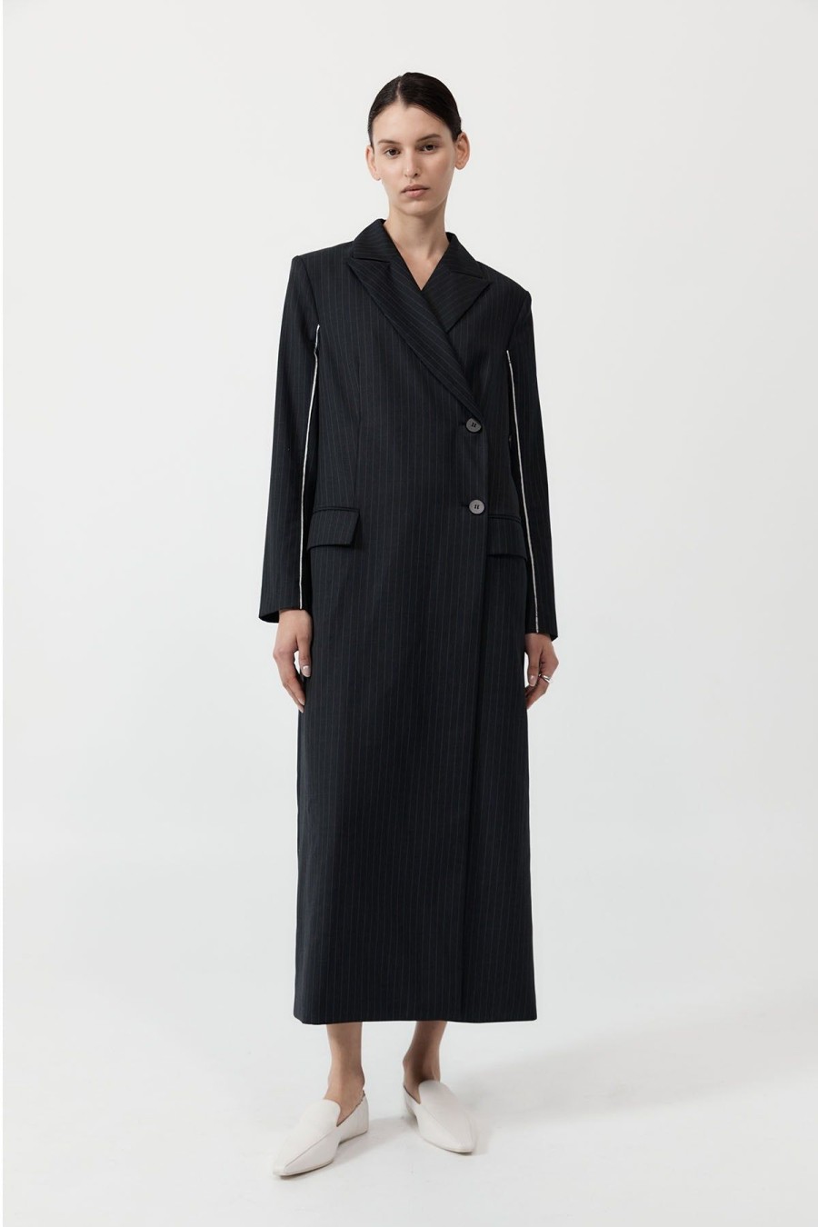 ST. AGNI Pinstripe Maxi Coat - Black | Jackets