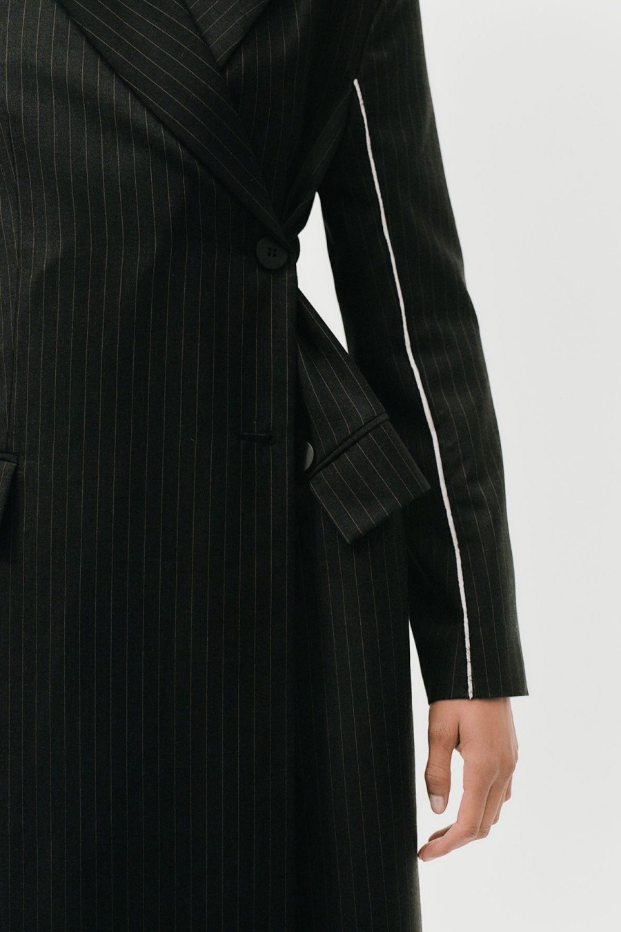 ST. AGNI Pinstripe Maxi Coat - Black | Jackets