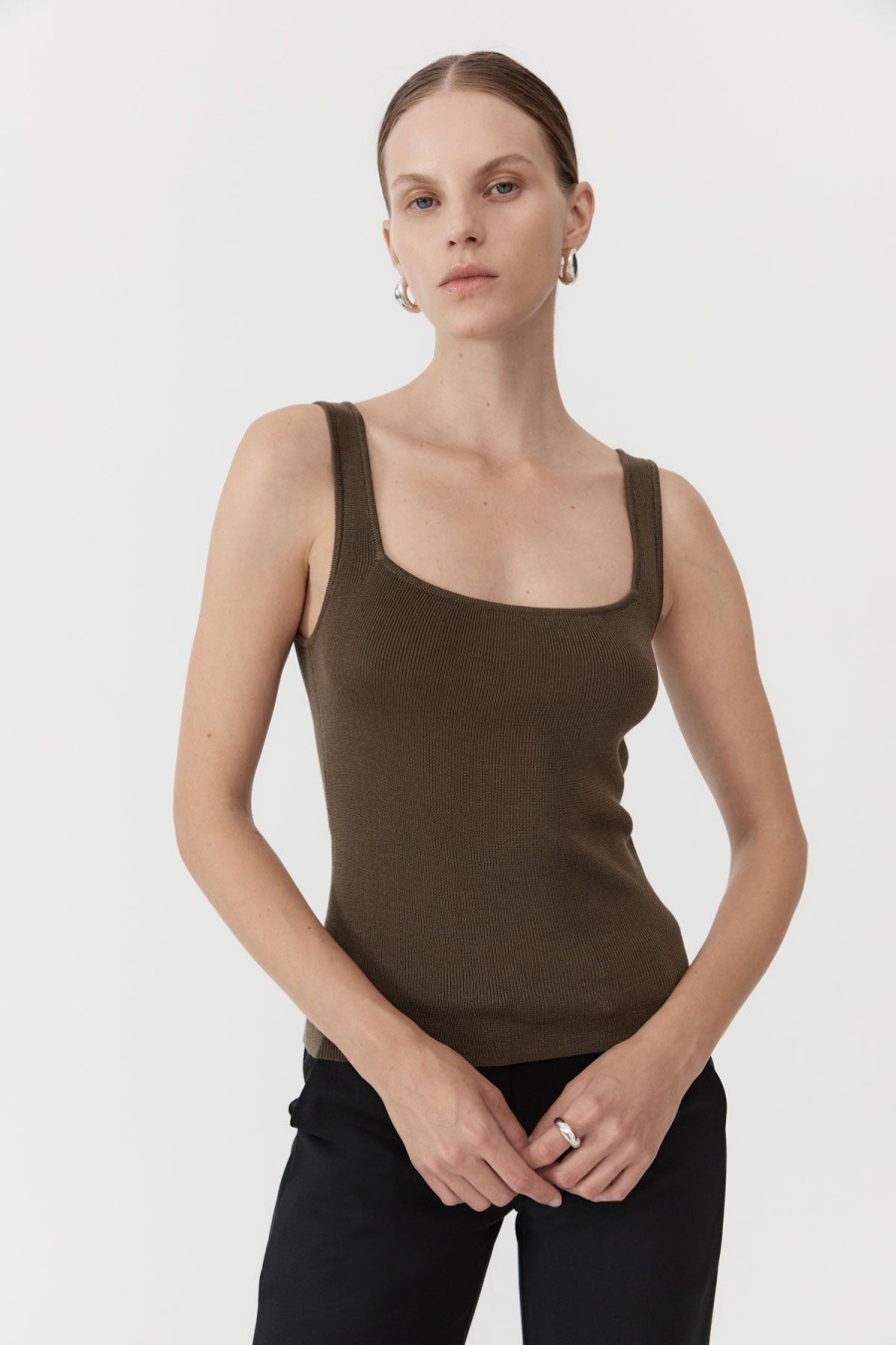 ST. AGNI Square Neck Knit Singlet - Kelp | Singlets