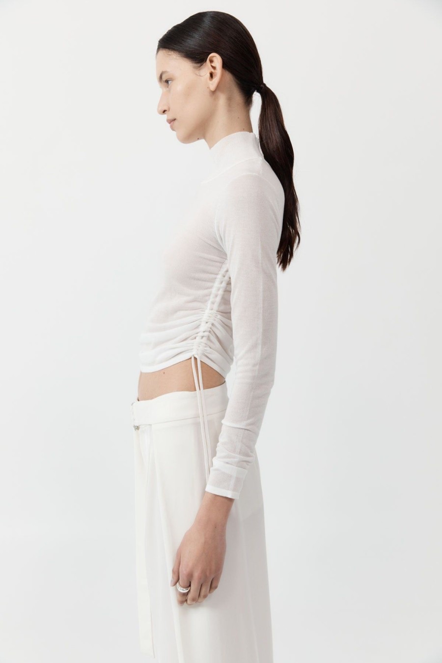 ST. AGNI Sheer Ruched Top - White | Knitwear