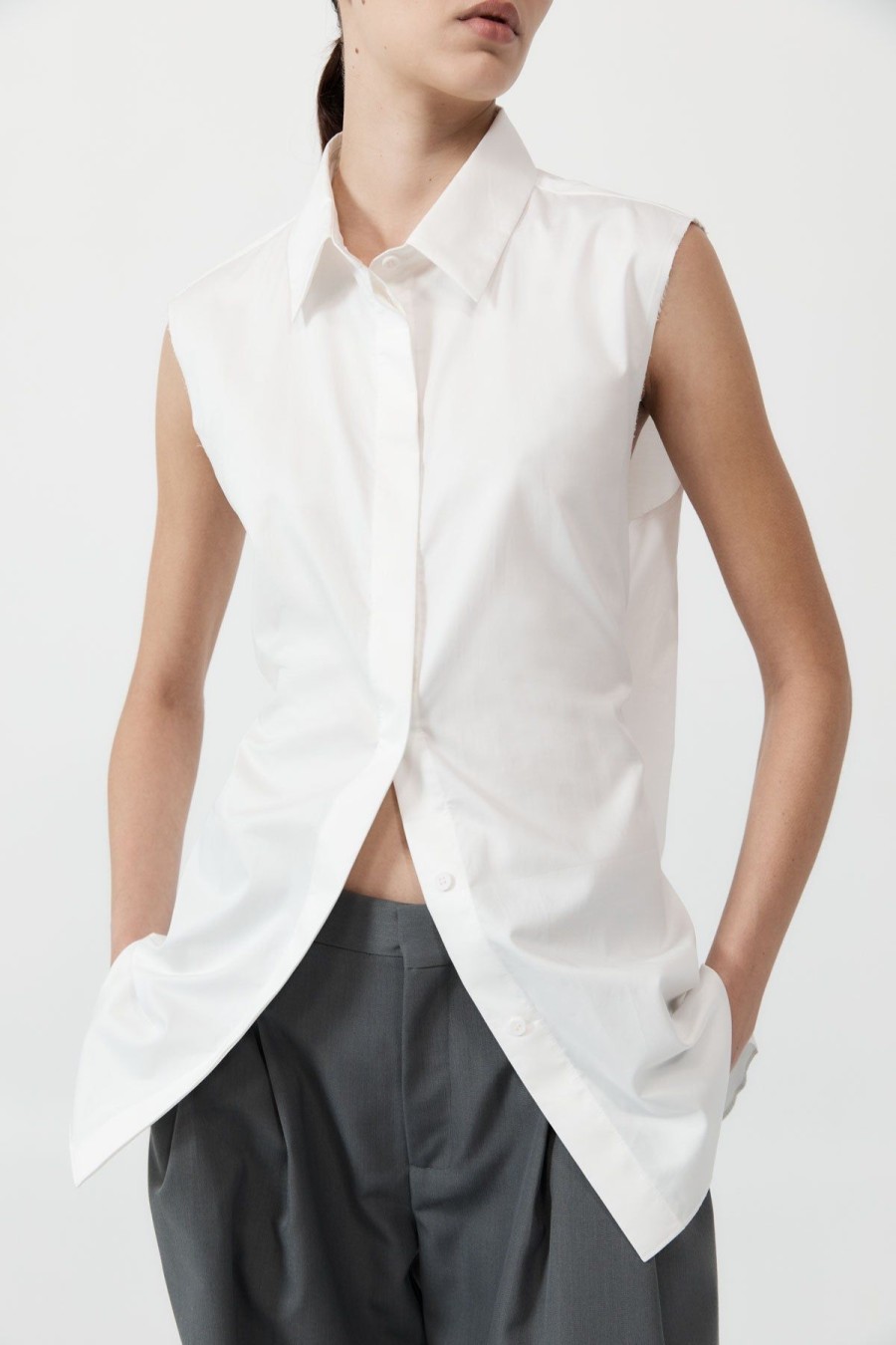 ST. AGNI Cotton Belted Sleeveless Shirt - White | Shirts