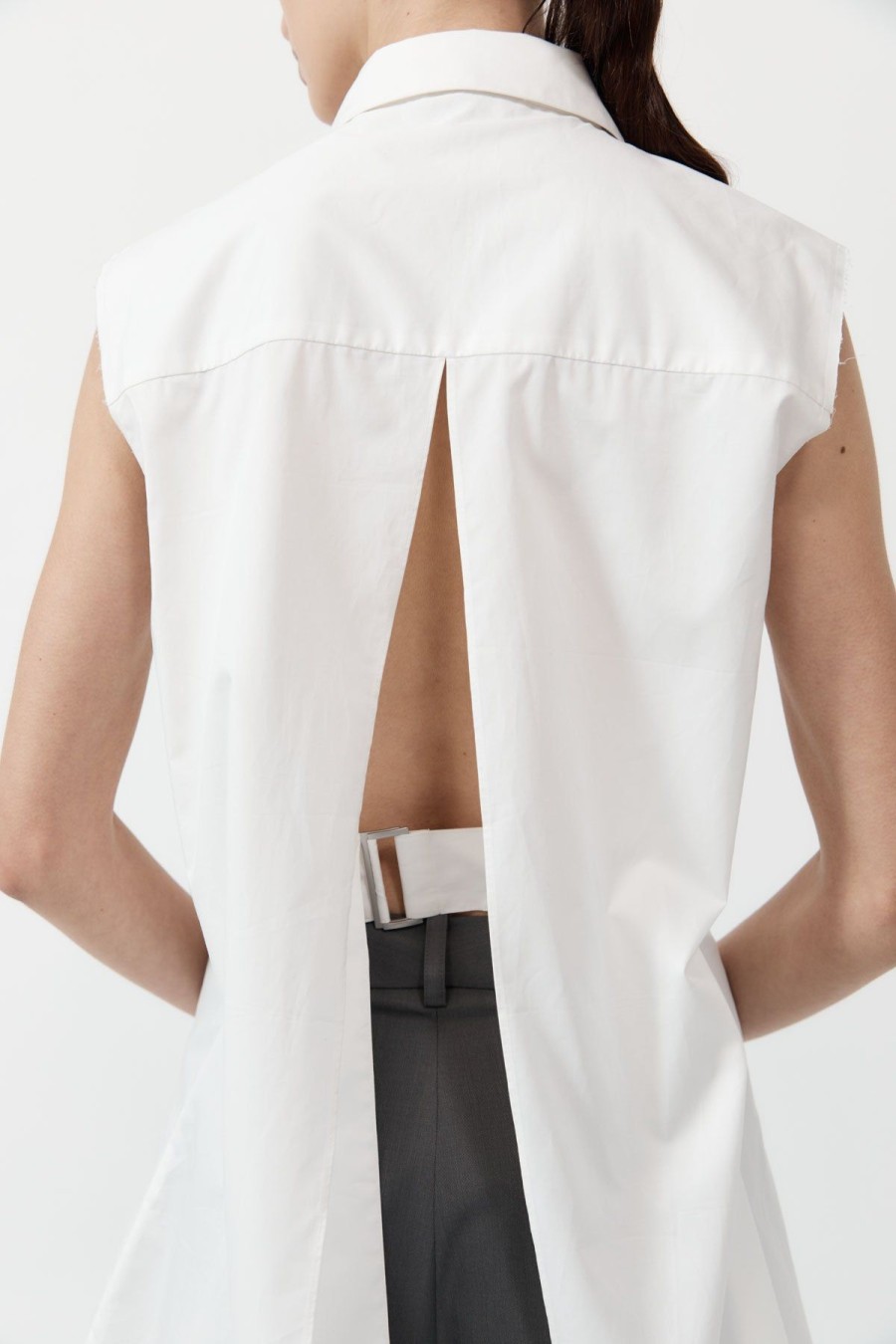 ST. AGNI Cotton Belted Sleeveless Shirt - White | Shirts