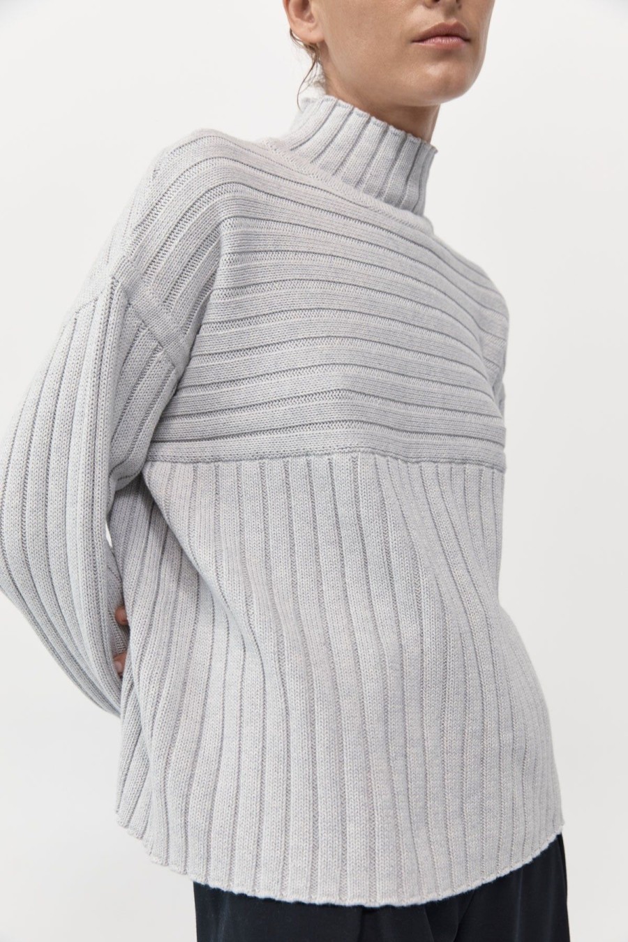 ST. AGNI Mock Neck Rib Knit Jumper - Soft Grey | Knitwear