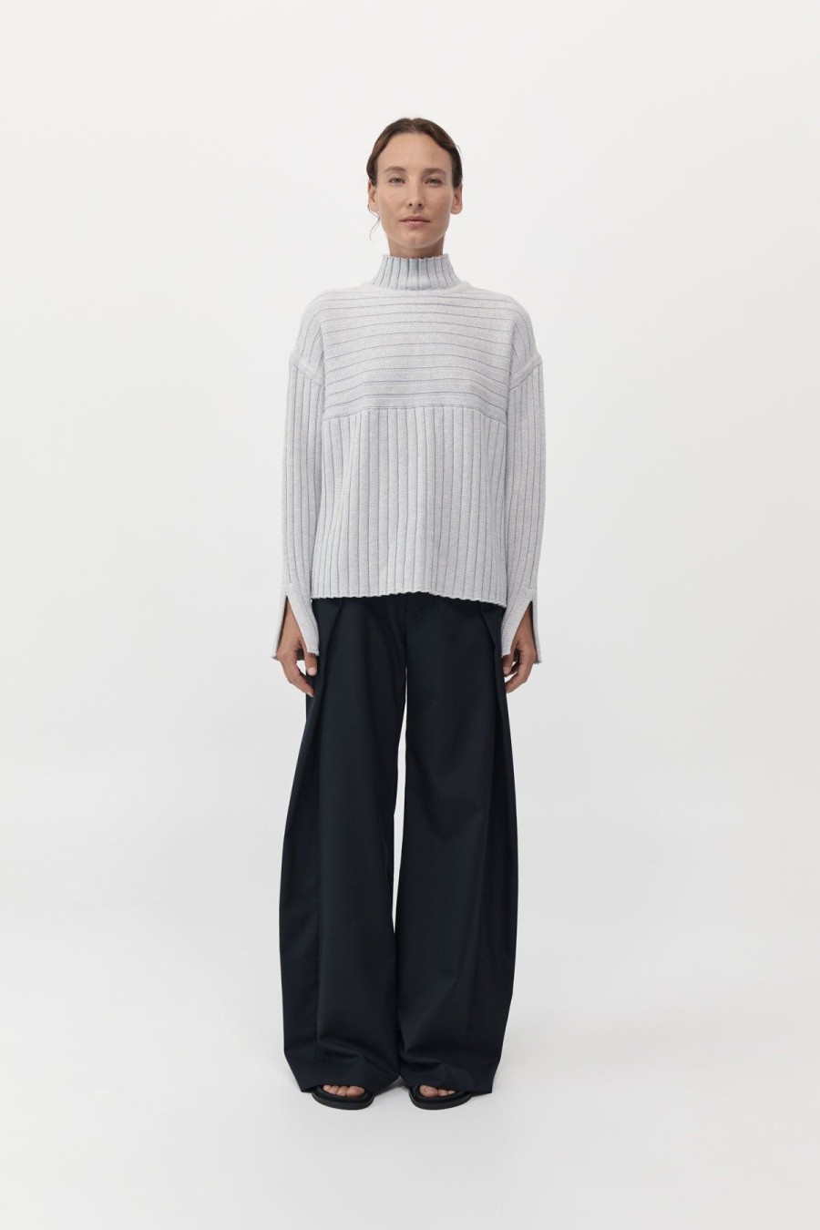 ST. AGNI Mock Neck Rib Knit Jumper - Soft Grey | Knitwear