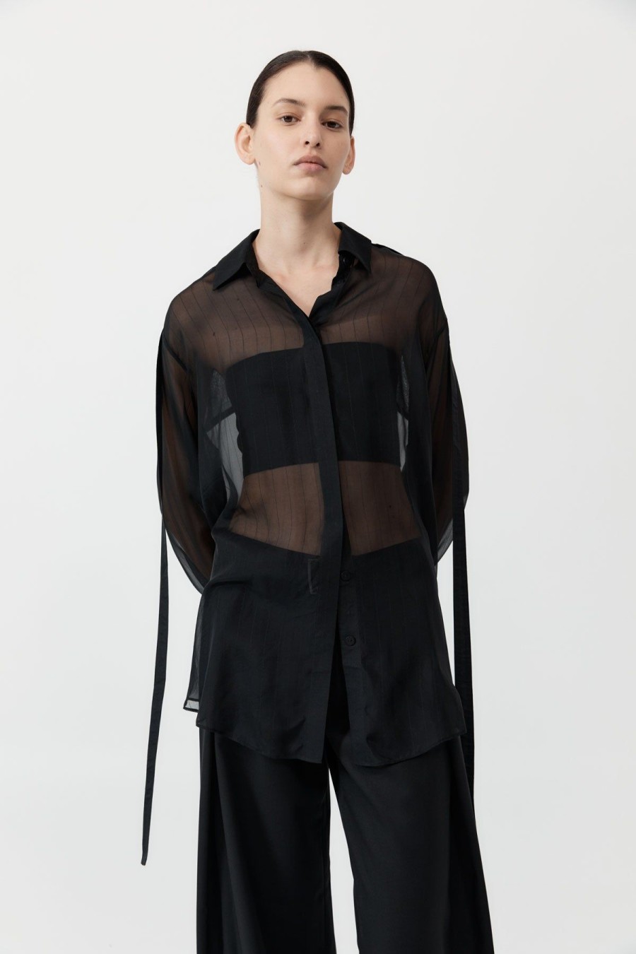 ST. AGNI Pinstripe Silk Shirt - Black | Shirts